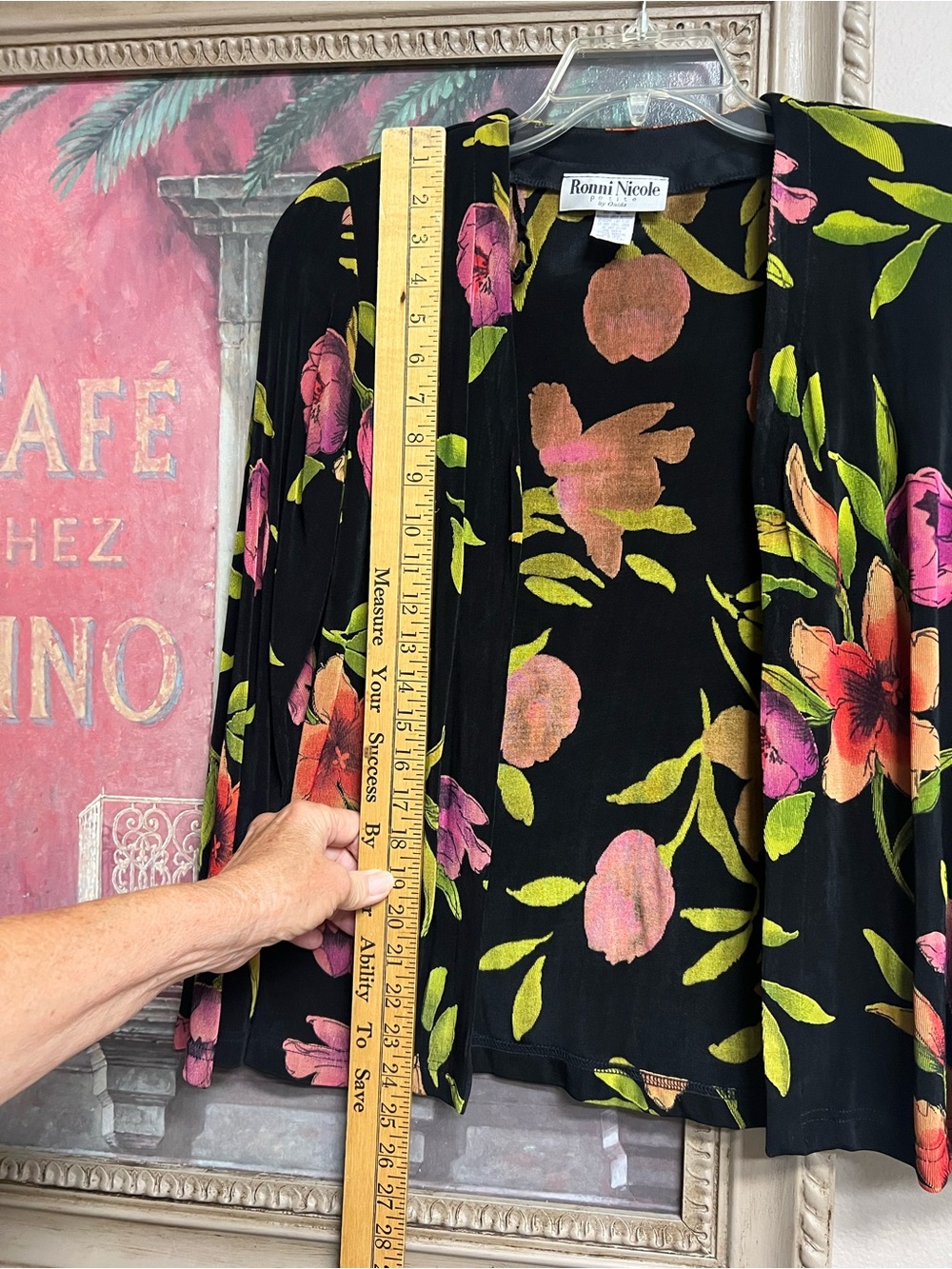 Ronni Nicole Black Floral Open Cardigan with Pink and Orange Blooms - Picture 7 of 10